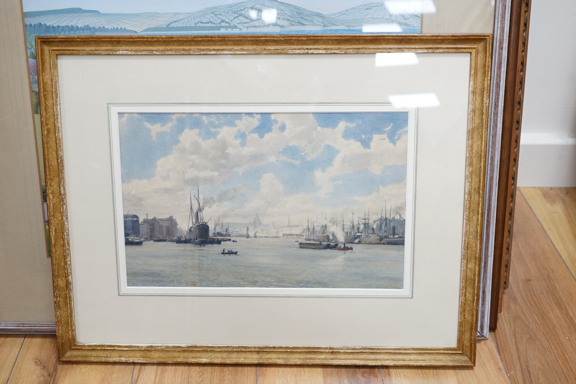 J. R. Way, watercolour, London docks, signed and dated '88, 21 x 34cm. Condition - fair to good